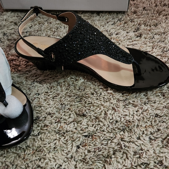 Dream Pairs Shoes - Thong Wedge Sandals Black Sequins Wedge